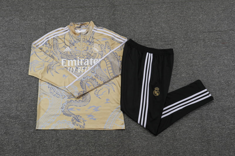 23-24 Real Madrid gold with dragon half zipper training tracksuit