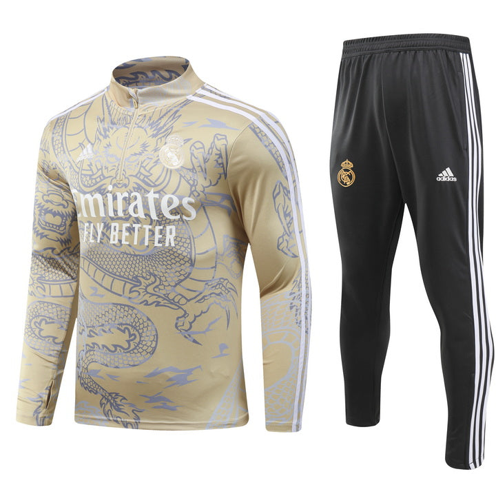 23-24 Real Madrid gold with dragon half zipper training tracksuit