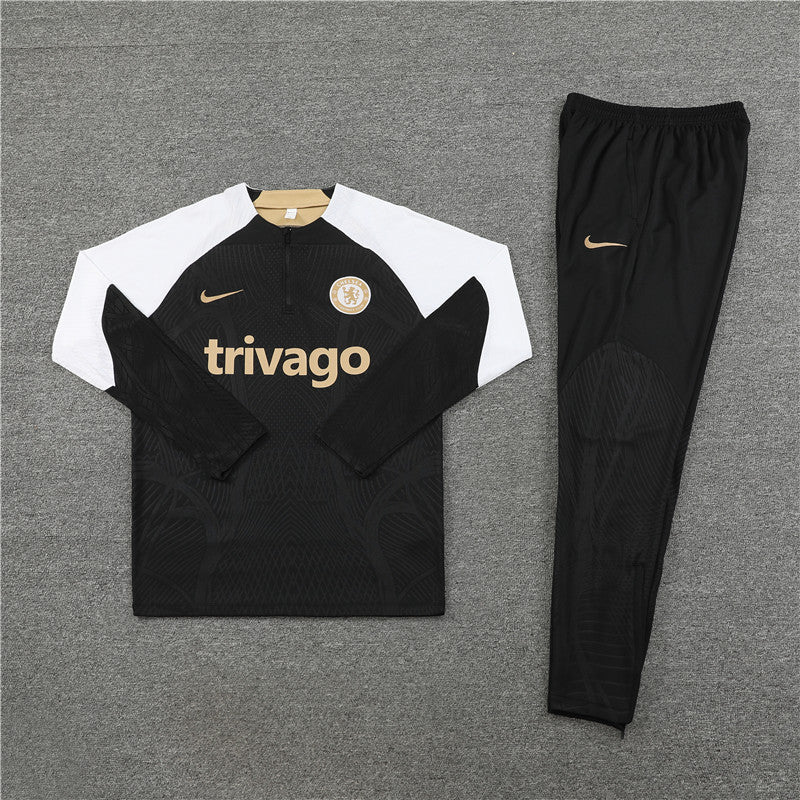 23-24 Chelsea black with white half zipper training tracksuit