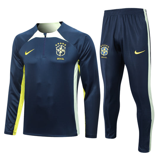 23-24 Brazil navy blue with green half zipper training tracksuit