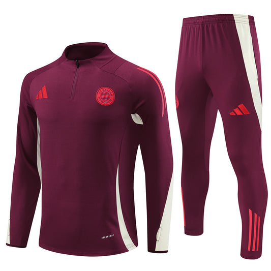 24-25 Bayern dark red with beige half zipper training tracksuit